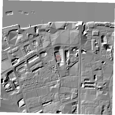 Shaded relief map of the ground around SE18DJ, computed from Environment Agency LiDAR. The ground here sits at about 2 m above sea level and falls 14 m across the surrounding 800 m. Surface water reaching this point runs off ground lying to the south, 2.9 m higher.