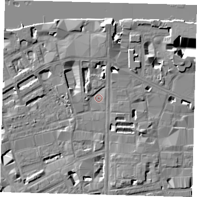 Shaded relief map of the ground around SE18DP, computed from Environment Agency LiDAR. The ground here sits at about 3 m above sea level and falls 14 m across the surrounding 800 m. Surface water reaching this point runs off ground lying to the north, 7.7 m higher.