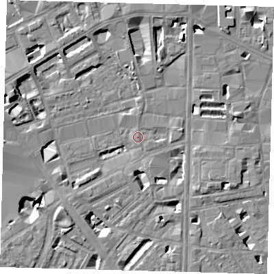Shaded relief map of the ground around SE18DQ, computed from Environment Agency LiDAR. The ground here sits at about 4 m above sea level and falls 9 m across the surrounding 800 m. Surface water reaching this point runs off ground lying to the south-west, 3.1 m higher.