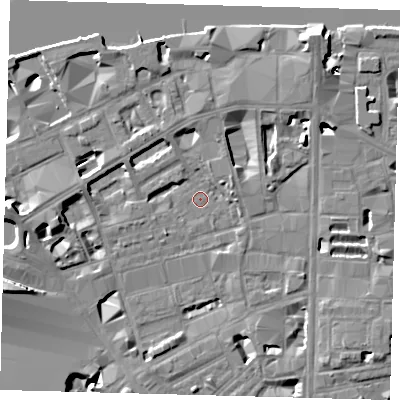 Shaded relief map of the ground around SE18DR, computed from Environment Agency LiDAR. The ground here sits at about 3 m above sea level and falls 15 m across the surrounding 800 m. Surface water reaching this point runs off ground lying to the north-east, 7.7 m higher.