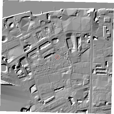 Shaded relief map of the ground around SE18DS, computed from Environment Agency LiDAR. The ground here sits at about 3 m above sea level and falls 15 m across the surrounding 800 m. Surface water reaching this point runs off ground lying to the north-east, 7.7 m higher.