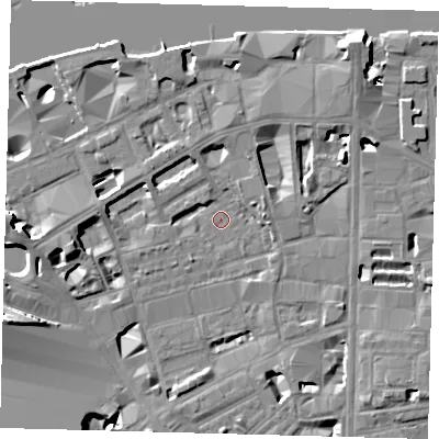 Shaded relief map of the ground around SE18DT, computed from Environment Agency LiDAR. The ground here sits at about 3 m above sea level and falls 15 m across the surrounding 800 m. Surface water reaching this point runs off ground lying to the north-east, 7.7 m higher.