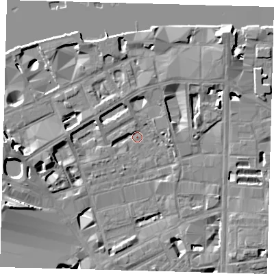 Shaded relief map of the ground around SE18DX, computed from Environment Agency LiDAR. The ground here sits at about 3 m above sea level and falls 15 m across the surrounding 800 m. Surface water reaching this point runs off ground lying to the north-east, 7.7 m higher.