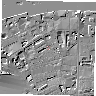 Shaded relief map of the ground around SE18DY, computed from Environment Agency LiDAR. The ground here sits at about 3 m above sea level and falls 15 m across the surrounding 800 m. Surface water reaching this point runs off ground lying to the north-east, 7.7 m higher.