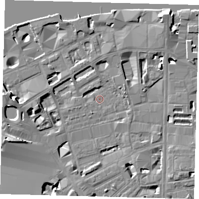 Shaded relief map of the ground around SE18DZ, computed from Environment Agency LiDAR. The ground here sits at about 3 m above sea level and falls 15 m across the surrounding 800 m. Surface water reaching this point runs off ground lying to the south-south-west, 1.3 m higher.