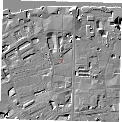 Shaded relief map of the ground around SE18EE, computed from Environment Agency LiDAR. The ground here sits at about 4 m above sea level and falls 14 m across the surrounding 800 m. Surface water reaching this point runs off ground lying to the north-north-east, 7.7 m higher.