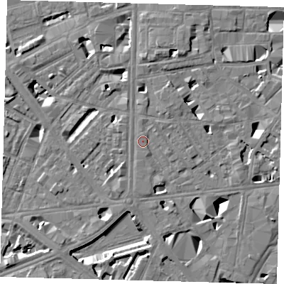 Shaded relief map of the ground around SE18EF, computed from Environment Agency LiDAR. The ground here sits at about 4 m above sea level and falls 10 m across the surrounding 800 m. Surface water reaching this point runs off ground lying to the south-south-west, 3.2 m higher.