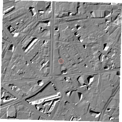 Shaded relief map of the ground around SE18EG, computed from Environment Agency LiDAR. The ground here sits at about 3 m above sea level and falls 10 m across the surrounding 800 m. Surface water reaching this point runs off ground lying to the south-south-west, 3.2 m higher.