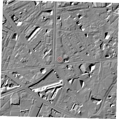 Shaded relief map of the ground around SE18EH, computed from Environment Agency LiDAR. The ground here sits at about 4 m above sea level and falls 10 m across the surrounding 800 m. The ground contributing surface water to this point lies to the west-south-west.