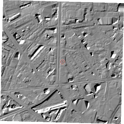 Shaded relief map of the ground around SE18EL, computed from Environment Agency LiDAR. The ground here sits at about 4 m above sea level and falls 10 m across the surrounding 800 m. Surface water reaching this point runs off ground lying to the south, 3.2 m higher.