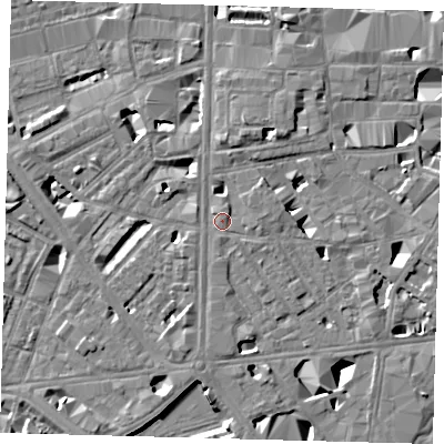 Shaded relief map of the ground around SE18EN, computed from Environment Agency LiDAR. The ground here sits at about 4 m above sea level and falls 10 m across the surrounding 800 m. Surface water reaching this point runs off ground lying to the east, 3.1 m higher.