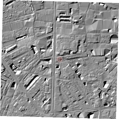 Shaded relief map of the ground around SE18ER, computed from Environment Agency LiDAR. The ground here sits at about 4 m above sea level and falls 10 m across the surrounding 800 m. Surface water reaching this point runs off ground lying to the north-north-east, 2.8 m higher.