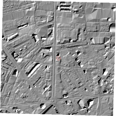 Shaded relief map of the ground around SE18EZ, computed from Environment Agency LiDAR. The ground here sits at about 4 m above sea level and falls 10 m across the surrounding 800 m. Surface water reaching this point runs off ground lying to the east-south-east, 3.1 m higher.