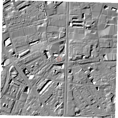 Shaded relief map of the ground around SE18FF, computed from Environment Agency LiDAR. The ground here sits at about 4 m above sea level and falls 8 m across the surrounding 800 m. Surface water reaching this point runs off ground lying to the west-north-west, 2.2 m higher.