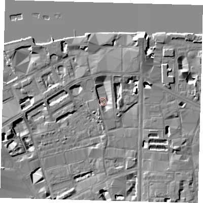 Shaded relief map of the ground around SE18GN, computed from Environment Agency LiDAR. The ground here sits at about 2 m above sea level and falls 14 m across the surrounding 800 m. Surface water reaching this point runs off ground lying to the south-south-west, 2.9 m higher.