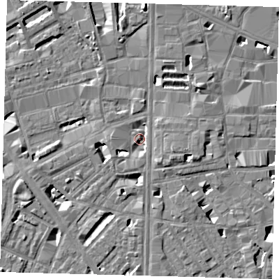 Shaded relief map of the ground around SE18HA, computed from Environment Agency LiDAR. The ground here sits at about 3 m above sea level and falls 7 m across the surrounding 800 m. Surface water reaching this point runs off ground lying to the west, 3.1 m higher.