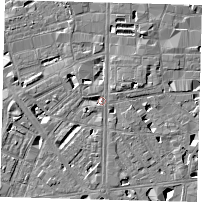 Shaded relief map of the ground around SE18HL, computed from Environment Agency LiDAR. The ground here sits at about 4 m above sea level and falls 10 m across the surrounding 800 m. Surface water reaching this point runs off ground lying to the south, 4.6 m higher.
