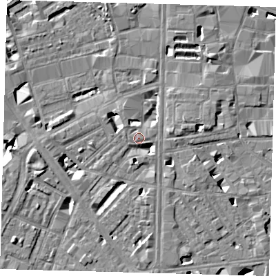 Shaded relief map of the ground around SE18HP, computed from Environment Agency LiDAR. The ground here sits at about 4 m above sea level and falls 10 m across the surrounding 800 m. Surface water reaching this point runs off ground lying to the south, 4.6 m higher.