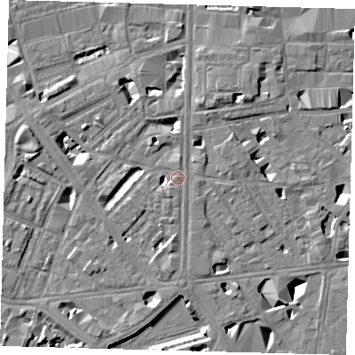 Shaded relief map of the ground around SE18HS, computed from Environment Agency LiDAR. The ground here sits at about 4 m above sea level and falls 10 m across the surrounding 800 m. Surface water reaching this point runs off ground lying to the south, 4.4 m higher.