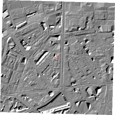 Shaded relief map of the ground around SE18HT, computed from Environment Agency LiDAR. The ground here sits at about 4 m above sea level and falls 10 m across the surrounding 800 m. Surface water reaching this point runs off ground lying to the south, 4.4 m higher.