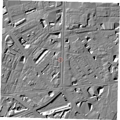 Shaded relief map of the ground around SE18HU, computed from Environment Agency LiDAR. The ground here sits at about 4 m above sea level and falls 10 m across the surrounding 800 m. Surface water reaching this point runs off ground lying to the south, 3.4 m higher.