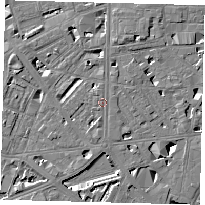 Shaded relief map of the ground around SE18HX, computed from Environment Agency LiDAR. The ground here sits at about 4 m above sea level and falls 10 m across the surrounding 800 m. Surface water reaching this point runs off ground lying to the south, 1.4 m higher.