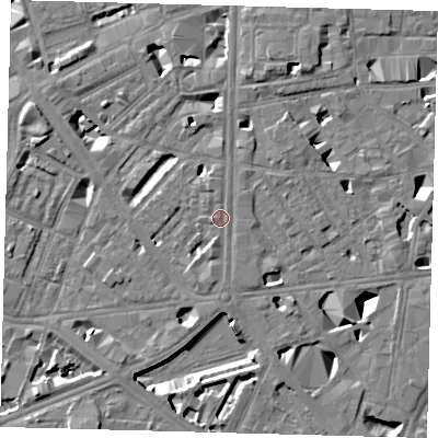Shaded relief map of the ground around SE18HY, computed from Environment Agency LiDAR. The ground here sits at about 4 m above sea level and falls 10 m across the surrounding 800 m. Surface water reaching this point runs off ground lying to the south, 1.4 m higher.