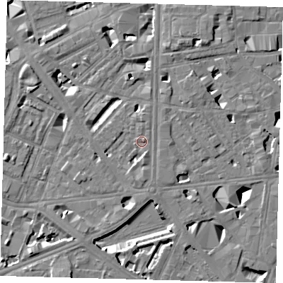 Shaded relief map of the ground around SE18HZ, computed from Environment Agency LiDAR. The ground here sits at about 4 m above sea level and falls 10 m across the surrounding 800 m. Surface water reaching this point runs off ground lying to the south-south-east, 2.2 m higher.