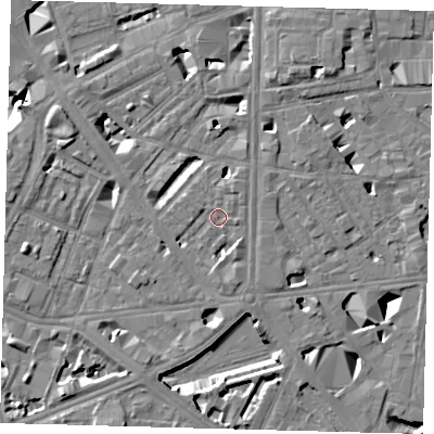 Shaded relief map of the ground around SE18JA, computed from Environment Agency LiDAR. The ground here sits at about 4 m above sea level and falls 10 m across the surrounding 800 m. Surface water reaching this point runs off ground lying to the south-east, 2.5 m higher.