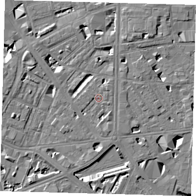 Shaded relief map of the ground around SE18JB, computed from Environment Agency LiDAR. The ground here sits at about 4 m above sea level and falls 10 m across the surrounding 800 m. Surface water reaching this point runs off ground lying to the south-east, 2.5 m higher.