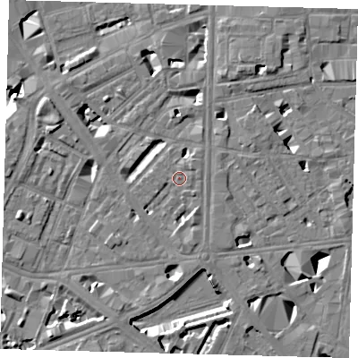 Shaded relief map of the ground around SE18JD, computed from Environment Agency LiDAR. The ground here sits at about 4 m above sea level and falls 10 m across the surrounding 800 m. Surface water reaching this point runs off ground lying to the south-south-east, 2.5 m higher.