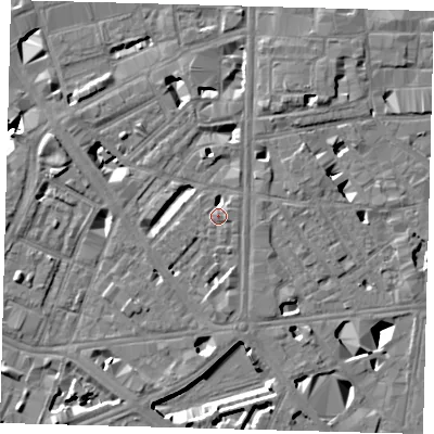Shaded relief map of the ground around SE18JE, computed from Environment Agency LiDAR. The ground here sits at about 4 m above sea level and falls 10 m across the surrounding 800 m. Surface water reaching this point runs off ground lying to the south, 4.4 m higher.