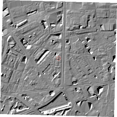 Shaded relief map of the ground around SE18JF, computed from Environment Agency LiDAR. The ground here sits at about 4 m above sea level and falls 10 m across the surrounding 800 m. Surface water reaching this point runs off ground lying to the south, 3.4 m higher.