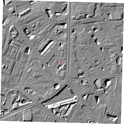 Shaded relief map of the ground around SE18JG, computed from Environment Agency LiDAR. The ground here sits at about 3 m above sea level and falls 10 m across the surrounding 800 m. Surface water reaching this point runs off ground lying to the south-south-east, 2.2 m higher.