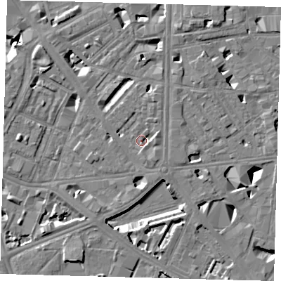 Shaded relief map of the ground around SE18JH, computed from Environment Agency LiDAR. The ground here sits at about 4 m above sea level and falls 10 m across the surrounding 800 m. Surface water reaching this point runs off ground lying to the east-north-east, 2.2 m higher.