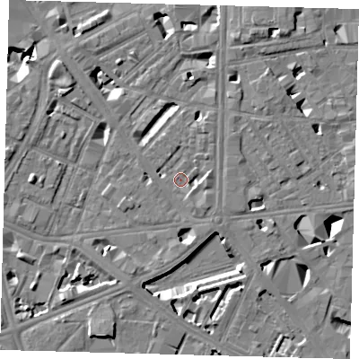 Shaded relief map of the ground around SE18JJ, computed from Environment Agency LiDAR. The ground here sits at about 4 m above sea level and falls 10 m across the surrounding 800 m. Surface water reaching this point runs off ground lying to the east, 2.2 m higher.