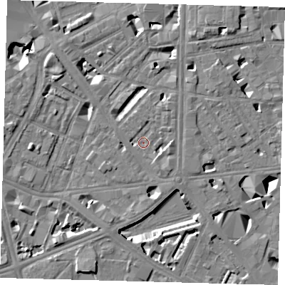 Shaded relief map of the ground around SE18JL, computed from Environment Agency LiDAR. The ground here sits at about 3 m above sea level and falls 10 m across the surrounding 800 m. Surface water reaching this point runs off ground lying to the east, 2.4 m higher.