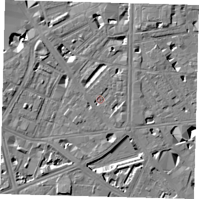 Shaded relief map of the ground around SE18JN, computed from Environment Agency LiDAR. The ground here sits at about 3 m above sea level and falls 10 m across the surrounding 800 m. Surface water reaching this point runs off ground lying to the east-south-east, 2.5 m higher.