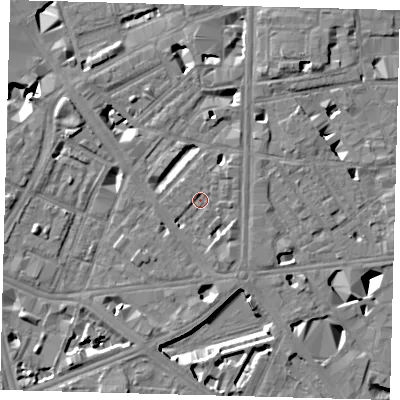 Shaded relief map of the ground around SE18JP, computed from Environment Agency LiDAR. The ground here sits at about 3 m above sea level and falls 10 m across the surrounding 800 m. Surface water reaching this point runs off ground lying to the south-east, 2.5 m higher.