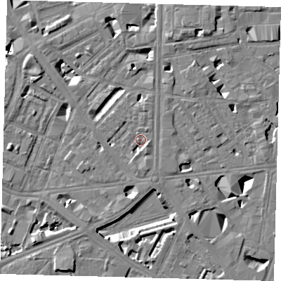 Shaded relief map of the ground around SE18JQ, computed from Environment Agency LiDAR. The ground here sits at about 3 m above sea level and falls 10 m across the surrounding 800 m. Surface water reaching this point runs off ground lying to the east-south-east, 2.2 m higher.