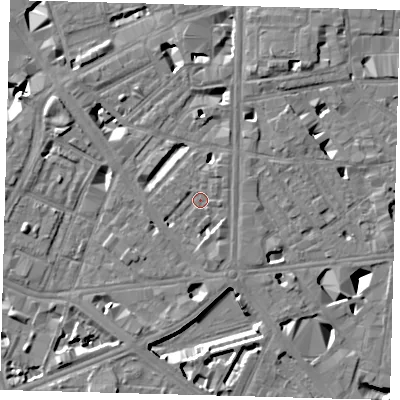 Shaded relief map of the ground around SE18JR, computed from Environment Agency LiDAR. The ground here sits at about 4 m above sea level and falls 10 m across the surrounding 800 m. Surface water reaching this point runs off ground lying to the south-east, 2.5 m higher.