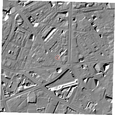 Shaded relief map of the ground around SE18JU, computed from Environment Agency LiDAR. The ground here sits at about 4 m above sea level and falls 10 m across the surrounding 800 m. Surface water reaching this point runs off ground lying to the east-south-east, 1.5 m higher.