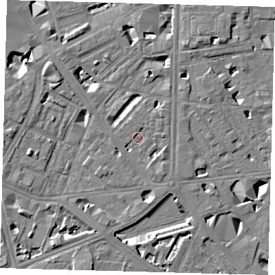 Shaded relief map of the ground around SE18JW, computed from Environment Agency LiDAR. The ground here sits at about 3 m above sea level and falls 10 m across the surrounding 800 m. Surface water reaching this point runs off ground lying to the east-south-east, 2.5 m higher.