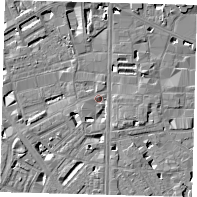 Shaded relief map of the ground around SE18LB, computed from Environment Agency LiDAR. The ground here sits at about 4 m above sea level and falls 9 m across the surrounding 800 m. Surface water reaching this point runs off ground lying to the west-south-west, 3.1 m higher.
