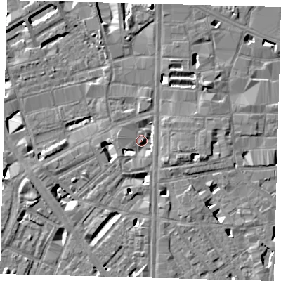 Shaded relief map of the ground around SE18LD, computed from Environment Agency LiDAR. The ground here sits at about 3 m above sea level and falls 9 m across the surrounding 800 m. Surface water reaching this point runs off ground lying to the west, 3.1 m higher.