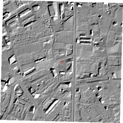 Shaded relief map of the ground around SE18LE, computed from Environment Agency LiDAR. The ground here sits at about 4 m above sea level and falls 9 m across the surrounding 800 m. Surface water reaching this point runs off ground lying to the south-west, 3.1 m higher.