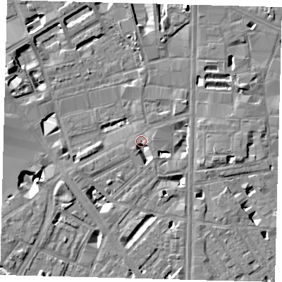 Shaded relief map of the ground around SE18LF, computed from Environment Agency LiDAR. The ground here sits at about 3 m above sea level and falls 9 m across the surrounding 800 m. Surface water reaching this point runs off ground lying to the south-south-east, 5.2 m higher.