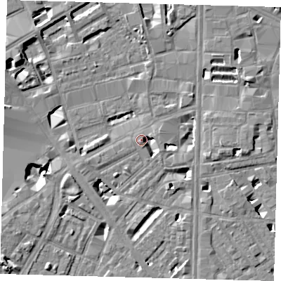 Shaded relief map of the ground around SE18LH, computed from Environment Agency LiDAR. The ground here sits at about 4 m above sea level and falls 9 m across the surrounding 800 m. Surface water reaching this point runs off ground lying to the south-south-east, 5.2 m higher.