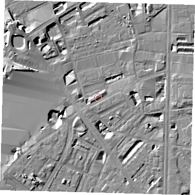 Shaded relief map of the ground around SE18LN, computed from Environment Agency LiDAR. The ground here sits at about 4 m above sea level and falls 12 m across the surrounding 800 m. Surface water reaching this point runs off ground lying to the south-east, 5.2 m higher.