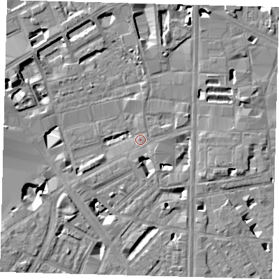 Shaded relief map of the ground around SE18LP, computed from Environment Agency LiDAR. The ground here sits at about 3 m above sea level and falls 9 m across the surrounding 800 m. Surface water reaching this point runs off ground lying to the west-south-west, 4.9 m higher.